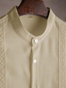 Manfinity RSRT Men's Casual Solid Color Single-Breasted Short Sleeve Shirt, Summer, Holiday - Khaki - View 4