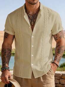 Manfinity RSRT Men's Casual Solid Color Single-Breasted Short Sleeve Shirt, Summer, Holiday - Khaki - View 3
