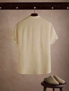 Manfinity RSRT Men's Casual Solid Color Single-Breasted Short Sleeve Shirt, Summer, Holiday - Khaki - View 2