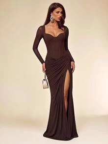 SHEIN BAE Autumn/Winter Brown Long Sleeve Exquisite Cup Split High Slit Ruched Mesh Dress, Suitable For Banquet, Ball, Formal Occasion, Party, Date, Christmas - Brown - View 5