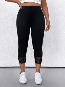 SHEIN Plus Size Contrast Lace Solid Color Leggings, Summer - Black - View 4