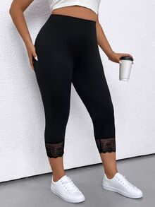 SHEIN Plus Size Contrast Lace Solid Color Leggings, Summer - Black - View 3