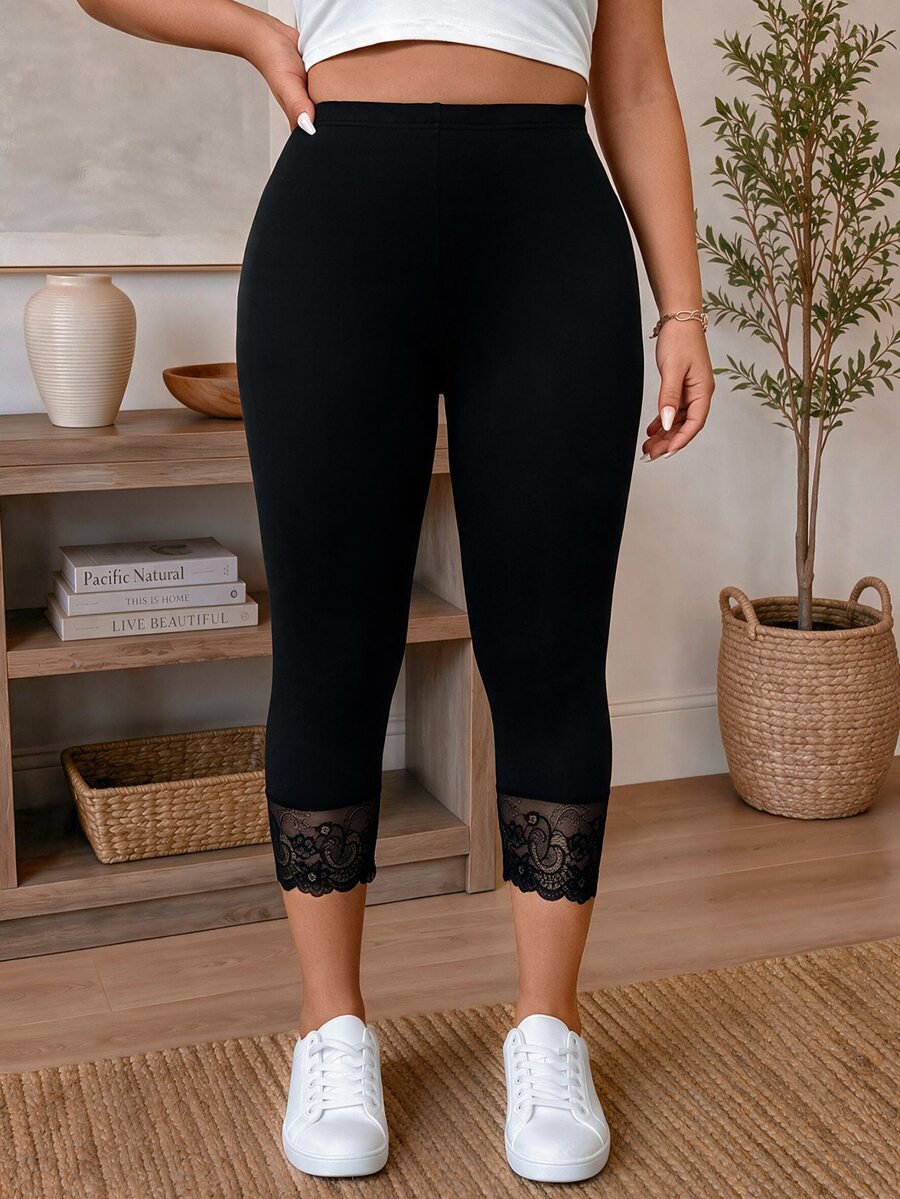 SHEIN Plus Size Contrast Lace Solid Color Leggings, Summer - Black - View 1