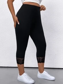 SHEIN Plus Size Contrast Lace Solid Color Leggings, Summer - Black - View 7