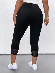 SHEIN Plus Size Contrast Lace Solid Color Leggings, Summer - Black - View 2