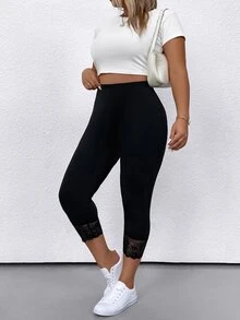 SHEIN Plus Size Contrast Lace Solid Color Leggings, Summer - Black - View 5