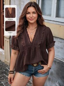 EMERY ROSE Blusa de mujer con cuello en V y mangas abullonadas con corte láser 3D - Marrón - Ver 1