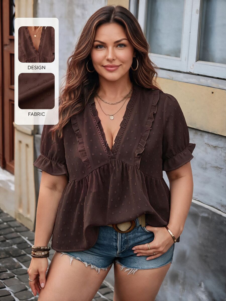 EMERY ROSE Blusa de mujer con cuello en V y mangas abullonadas con corte láser 3D - Marrón - Ver 1