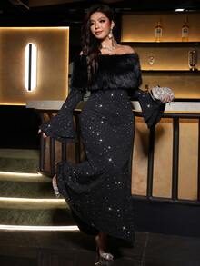 SHEIN Clasi Plus Size Women's Cold Shoulder Shiny Fashion Party Dress Christmas Fall - Black - View 5