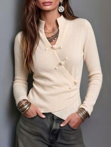 SHEIN Women's Early Autumn Stand Collar Cross Wrap Sweater, Slim Fit Long Sleeve Knit Pullover, Apricot Commute Versatile Top, Stand Collar Button Design Crochet Pullover Sweater - Beige - View 2