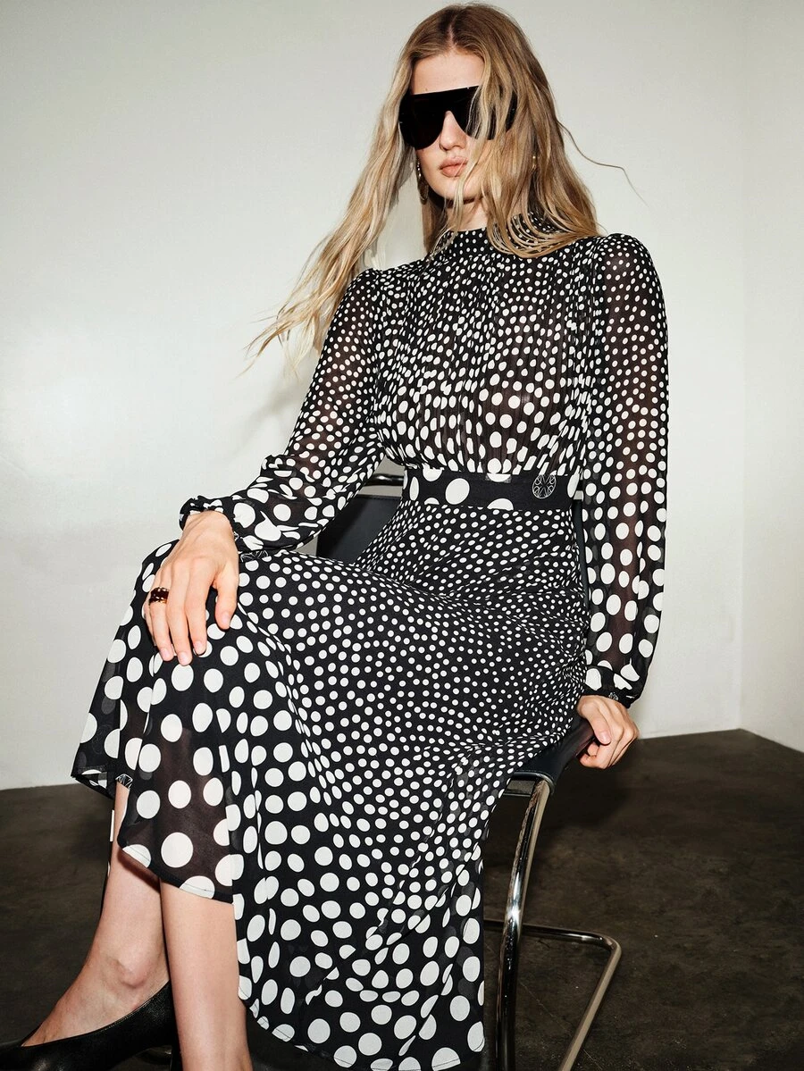 Aveloria Modichic Dress A-Line High Waist Maxi Chiffon Mock Neck Halter Long Sleeve Patchwork Elegant Black White Polka Dot Gradient Hepburn Style Swing Brunch Fall - Multicolor - View 1
