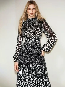 Aveloria Modichic Dress A-Line High Waist Maxi Chiffon Mock Neck Halter Long Sleeve Patchwork Elegant Black White Polka Dot Gradient Hepburn Style Swing Brunch Fall - Multicolor - View 7