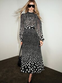 Aveloria Modichic Dress A-Line High Waist Maxi Chiffon Mock Neck Halter Long Sleeve Patchwork Elegant Black White Polka Dot Gradient Hepburn Style Swing Brunch Fall - Multicolor - View 6