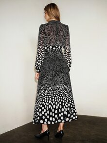 Aveloria Modichic Dress A-Line High Waist Maxi Chiffon Mock Neck Halter Long Sleeve Patchwork Elegant Black White Polka Dot Gradient Hepburn Style Swing Brunch Fall - Multicolor - View 3