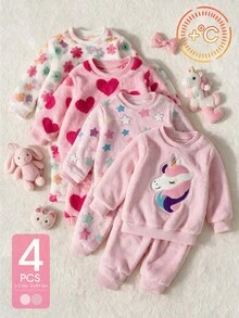 SHEIN 2件組新生女嬰衛衣+長褲套裝，可愛甜美粉色獨角獸星星圖案，毛絨抓絨加厚，長袖圓領，舒適保暖，適合冬季日常戶外穿著，羅紋設計 - 淺粉色 - 查看 5