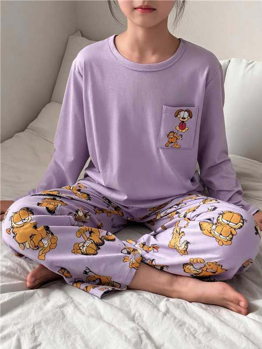 GARFIELD | SHEIN Tween Girl Pocket Long Sleeve Top And Cartoon Print Pants Set - Mauve Purple - View 1