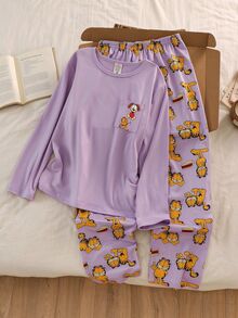 GARFIELD | SHEIN Tween Girl Pocket Long Sleeve Top And Cartoon Print Pants Set - Mauve Purple - View 3