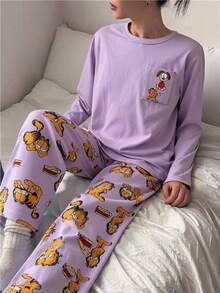 GARFIELD | SHEIN Tween Girl Pocket Long Sleeve Top And Cartoon Print Pants Set - Mauve Purple - View 8