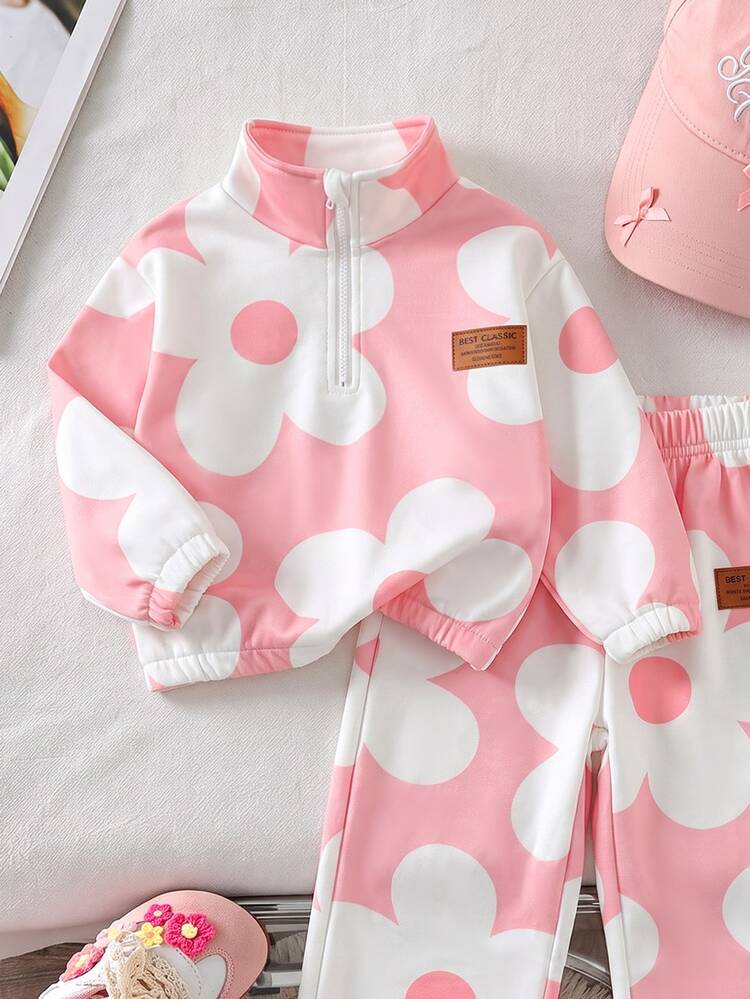 Girls' Khaki Brown Leopard Print Fleece 2 Pieces Set, Half-Zip Stand Collar Top + Wide Leg Pants, Thick Thermal Lined, Stamp Decor, Fall Birthday - Multicolor - View 3