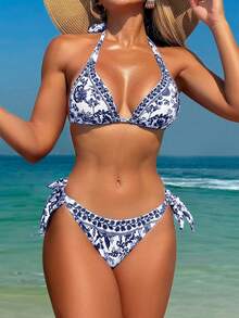 Breezaya Women's V-Neck Halter Tie Boho Tropical Sexy Floral Print Bikini Set Set Beach Party White Summer - Navy Blue - View 3