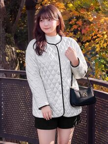 Bijouette Plus Size Women's Piped Long Sleeve Single-Breasted Casual Jacket - White - View 4
