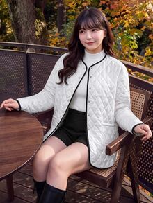 Bijouette Plus Size Women's Piped Long Sleeve Single-Breasted Casual Jacket - White - View 2