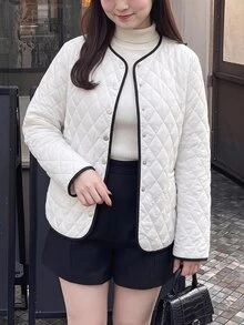 Bijouette Plus Size Women's Piped Long Sleeve Single-Breasted Casual Jacket - White - View 12