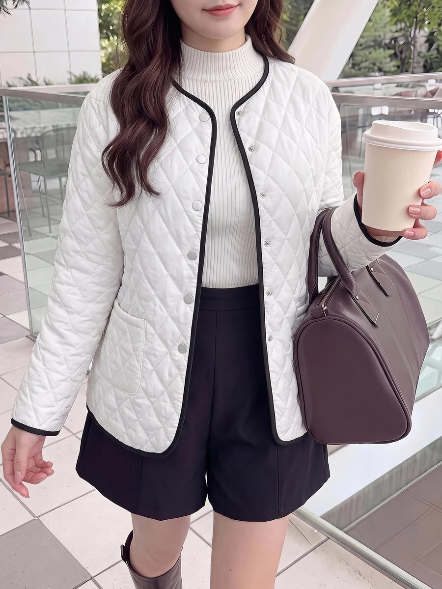 Bijouette Plus Size Women's Piped Long Sleeve Single-Breasted Casual Jacket - White - View 1