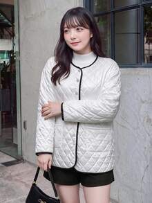 Bijouette Plus Size Women's Piped Long Sleeve Single-Breasted Casual Jacket - White - View 9