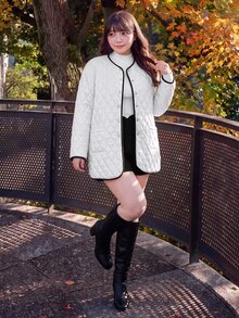 Bijouette Plus Size Women's Piped Long Sleeve Single-Breasted Casual Jacket - White - View 5