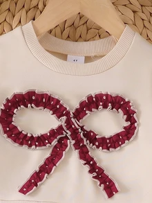 SHEIN 女童冬季長袖洋裝，圓領衛衣上衣搭配大波點蝴蝶結裝飾，紅色波點網紗裙，甜美公主風秋季設計 - 紅色 - 查看 3