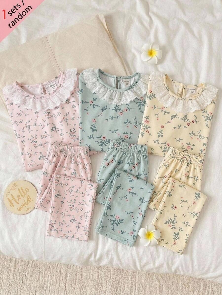 SHEIN Tween Girl Simple Fashion Floral Print Ruffle Long Sleeve Top And Pants Comfortable 1SET RANDOM - Green - View 1