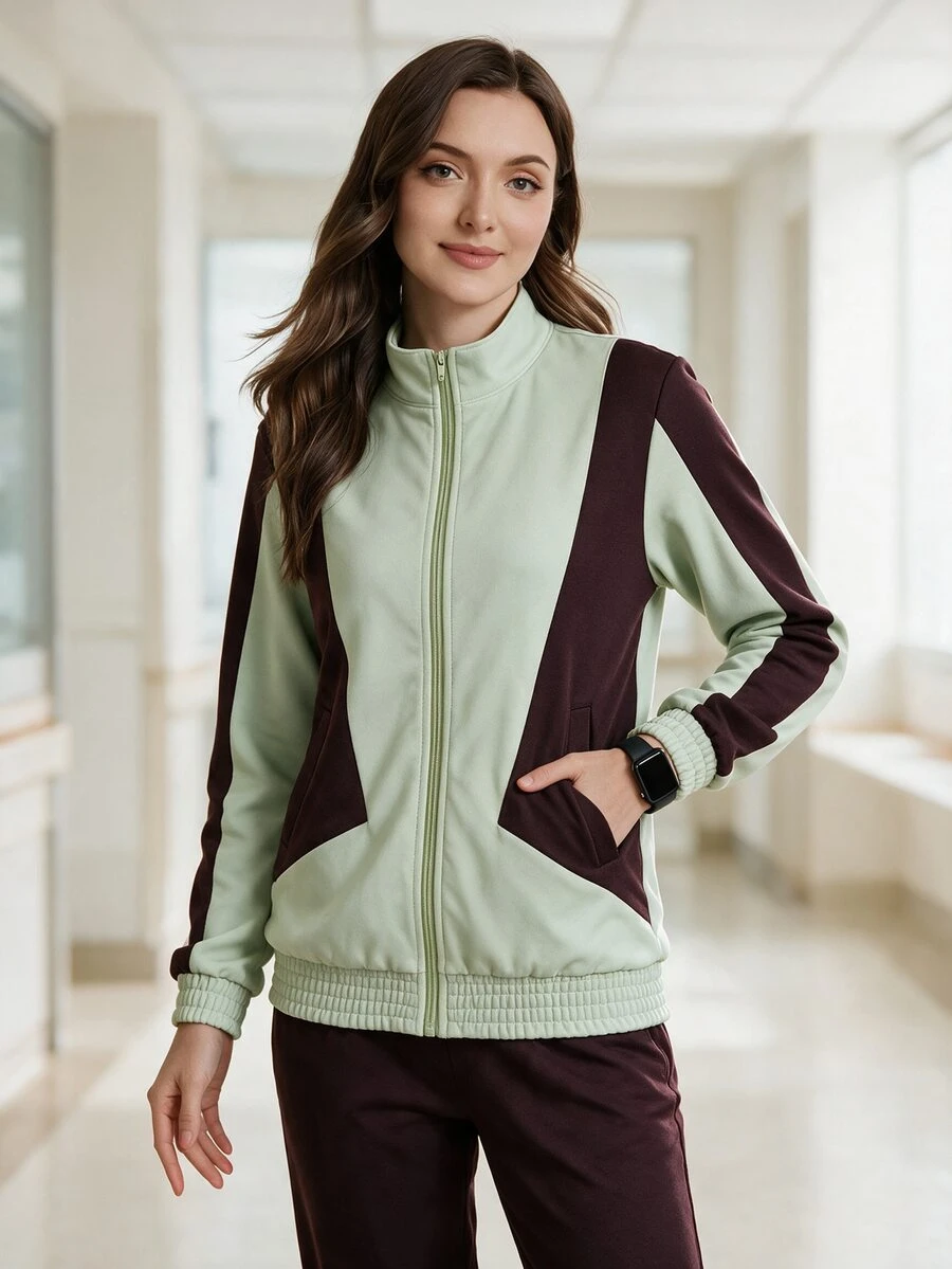 TaskEZ Sage Green Colorblock High Neck Zipper Front Double Pocket Long Sleeve Cuffed Slimming Stretch Fabric Work Scrub Scrub Uniform Jacket Women Fall - Multicolor - View 1