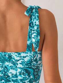 SHEIN Swim 1pc Women Plant Printed One-Piece Swimsuit, For Vacation For Summer - Mint Blue - View 3
