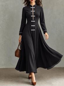 SHEIN Women's Long Colorblock Dress With Frog Buttons, Minimalist Retro Elegant Commuter Brunch And Date Dinner Party Outfit For Fall/ Black And White - Black - View 4