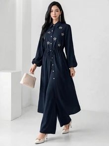Heiryn 女款多功能水鑽鈕扣長袖襯衫與長褲兩件套，適合生日派對、晚餐、日常穿著，秋季端莊優雅 - 藏蓝色 - 查看 3