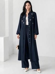 Heiryn 女款多功能水鑽鈕扣長袖襯衫與長褲兩件套，適合生日派對、晚餐、日常穿著，秋季端莊優雅 - 藏蓝色 - 查看 4