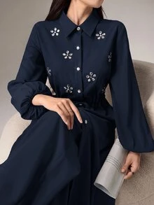 Heiryn 女款多功能水鑽鈕扣長袖襯衫與長褲兩件套，適合生日派對、晚餐、日常穿著，秋季端莊優雅 - 藏蓝色 - 查看 9