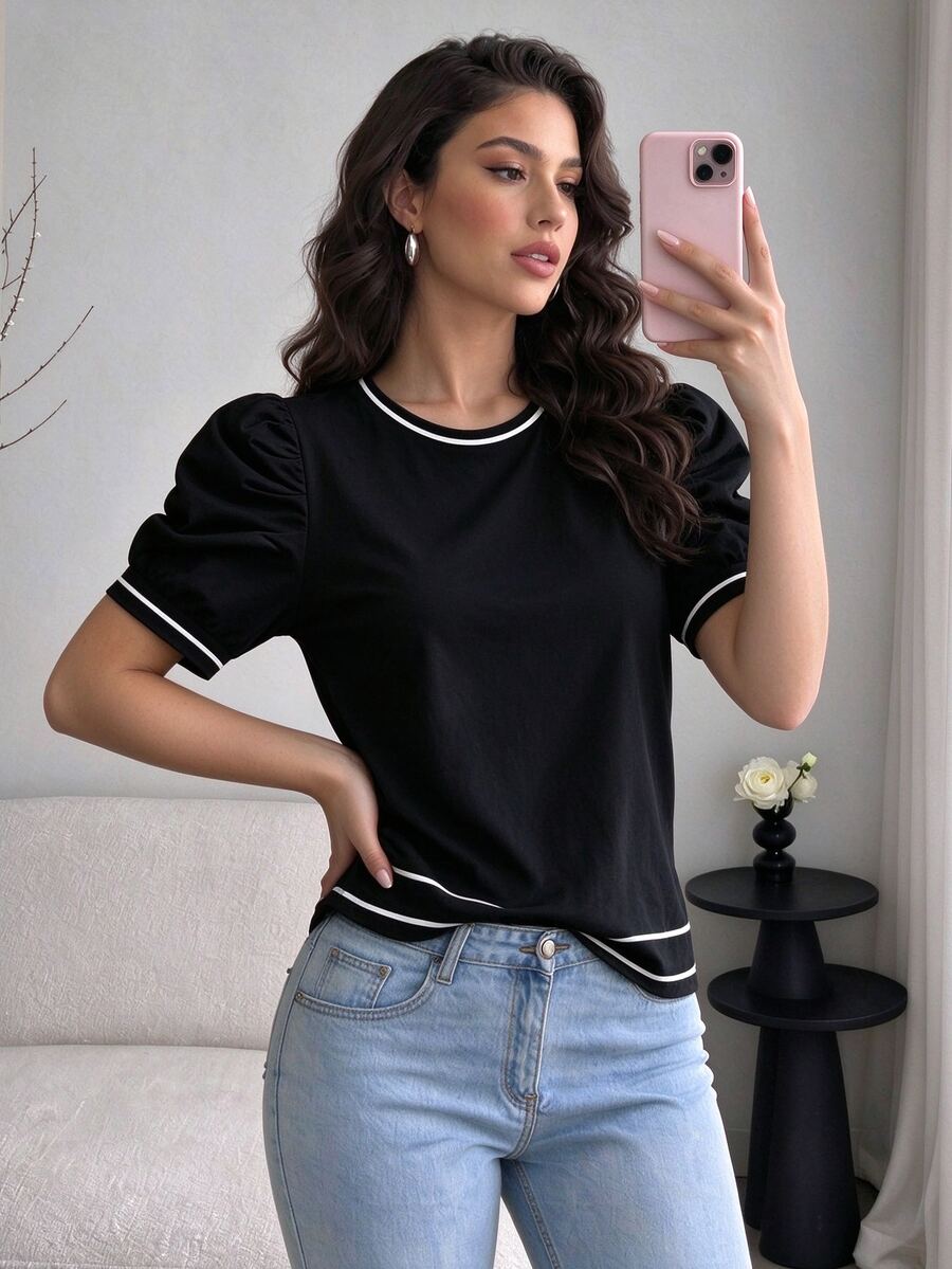 SHEIN Clasi Plus Size Women's Minimalist Line Contrast Color Pattern Top, Round Neck Puff Sleeve Short Sleeve T-Shirt, Suitable For Casual Daily Wear - Multicolor - View 1