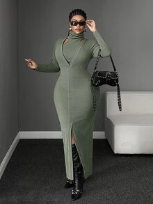 Maweii Plus Size Women's Elegant Dark Green High Elastic Knit Fabric Ruched Neckline 2 In 1 Design Front Slit Fitted Waist Bodycon Autumn/Winter New Plus Size Elegant Outfit Versatile Design Party Gathering Romantic Date Commute Versatile Long Sleeve Midi Dress - Army Green - View 7