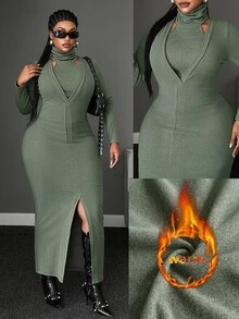 Maweii Plus Size Women's Elegant Dark Green High Elastic Knit Fabric Ruched Neckline 2 In 1 Design Front Slit Fitted Waist Bodycon Autumn/Winter New Plus Size Elegant Outfit Versatile Design Party Gathering Romantic Date Commute Versatile Long Sleeve Midi Dress - Army Green - View 2