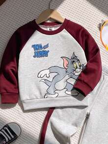 TOM & JERRY X SHEIN 2件組男嬰休閒可愛圖案主題印花拼色圓領長袖運動衫與配套運動長褲套裝，適合秋冬穿著 - 彩色 - 查看 3