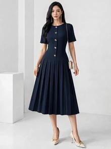 Heiryn Elegant Commuter Asymmetric Buckle Pleated Dress For Women - Navy Blue - View 1