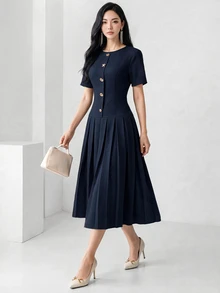 Heiryn Elegant Commuter Asymmetric Buckle Pleated Dress For Women - Navy Blue - View 2