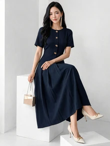 Heiryn Elegant Commuter Asymmetric Buckle Pleated Dress For Women - Navy Blue - View 3