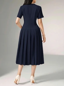 Heiryn Elegant Commuter Asymmetric Buckle Pleated Dress For Women - Navy Blue - View 9