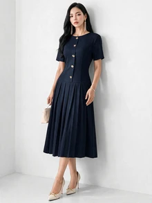 Heiryn Elegant Commuter Asymmetric Buckle Pleated Dress For Women - Navy Blue - View 4