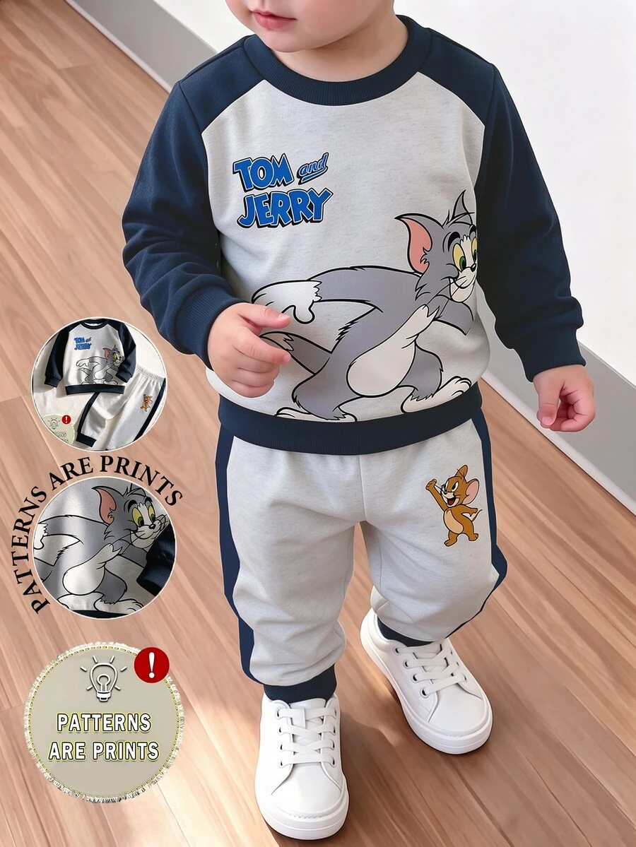 TOM & JERRY X SHEIN 小男孩藍灰色天鵝絨運動衫配長褲,貓鼠可愛主題印花,趣味聖誕與生日禮物 - 彩色 - 查看 1