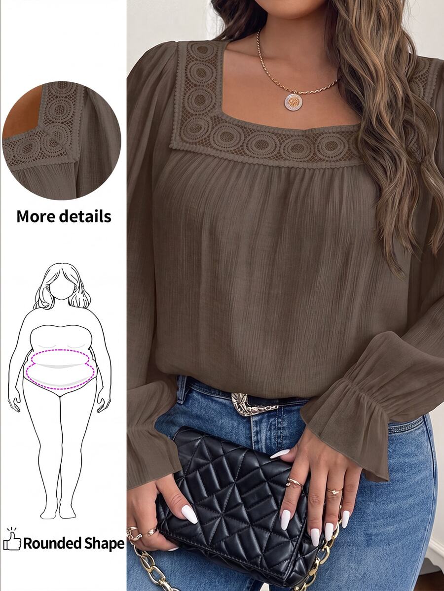 SHEIN CURVE+ 大尺碼女款休閒正式日常通勤早晚穿搭純色方領荷葉袖對比蕾絲寬鬆上衣,秋季灰褐色 - 咖啡棕 - 查看 1
