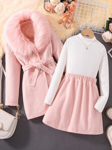 SHEIN Tween Girls Faux Fur Collar Belted Coat Rib-Knit Mock Neck Top And A-Line Skirt Elegant Pieces Autumn Winter Christmas Party Holiday Outfits Pink - Pink - View 1